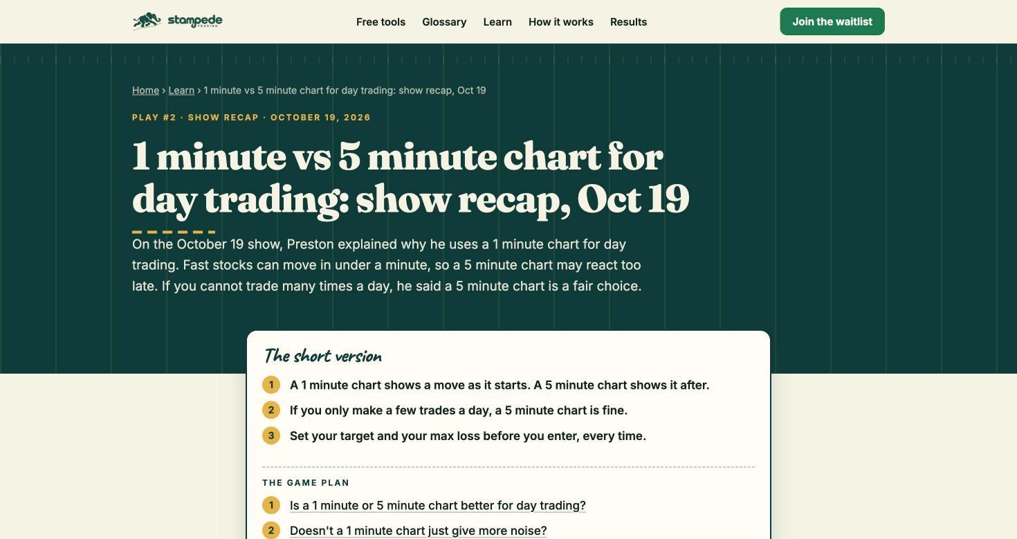 Stampede show recap page with the day's lesson